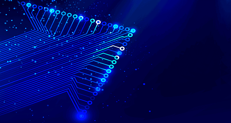 Uma placa de circuito azul em formato de seta com luzes saindo dela