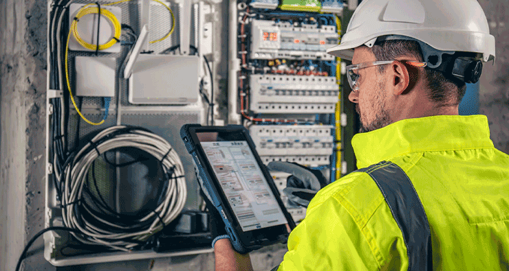 Um homem com capacete está olhando para um tablet