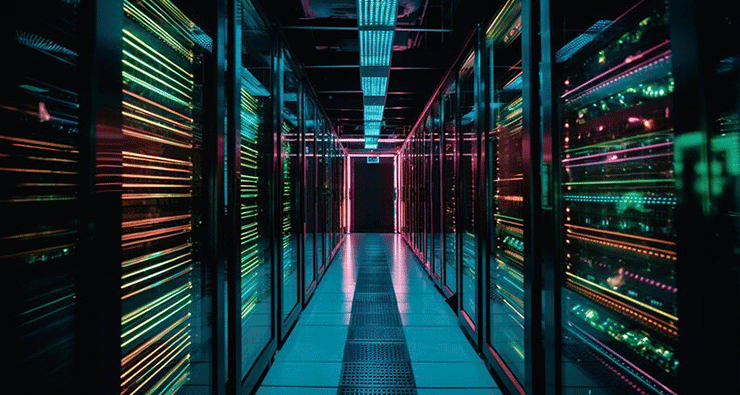 Uma sala cheia de computadores e tecnologias com dados sendo transmitidos entre si