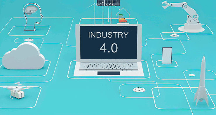 Um laptop escrotp industria 4.0 em cima de uma superfície azul